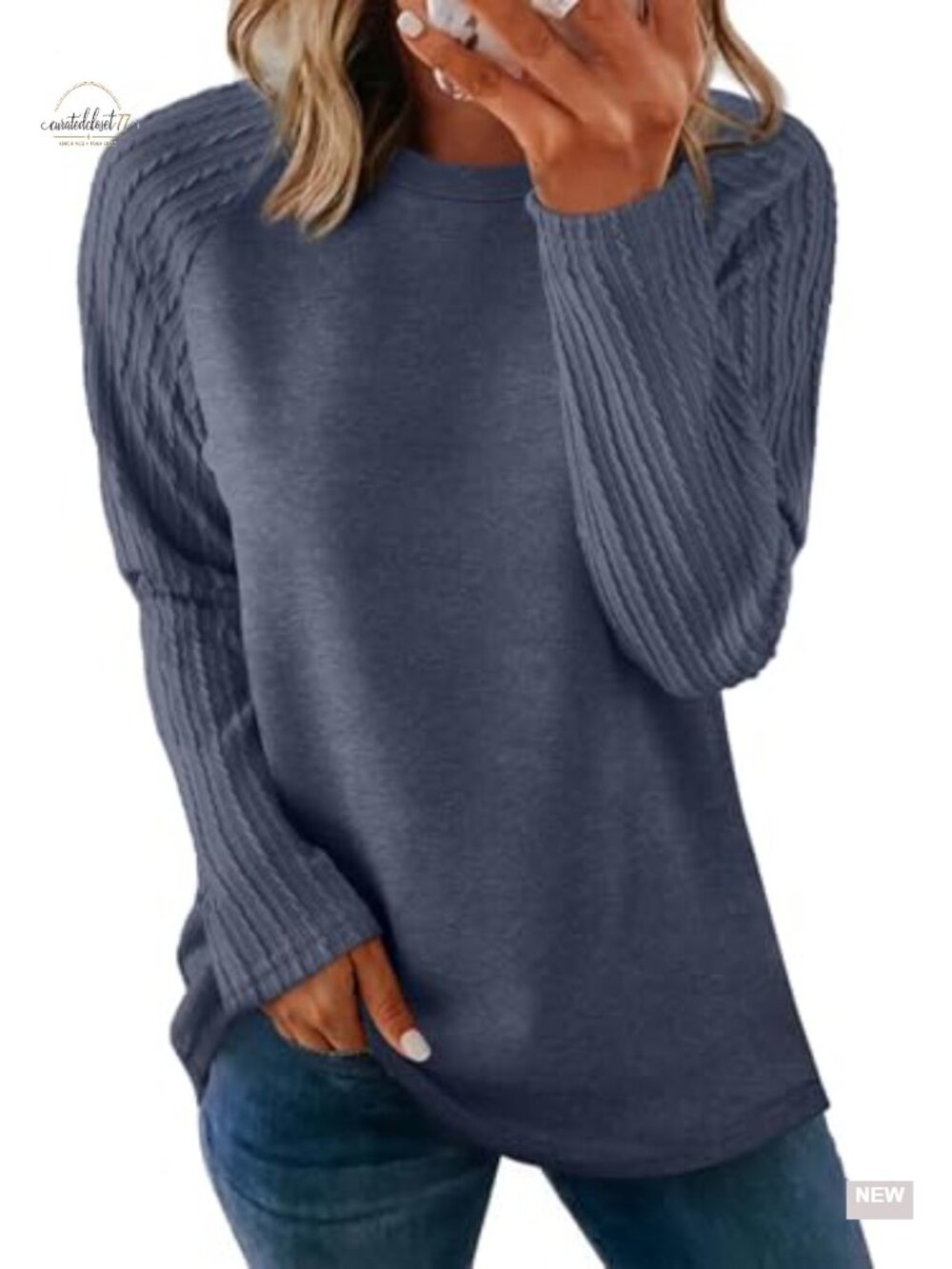 Long Sleeve Crewneck Oversized Tunic Top Cable Knit Sleeves